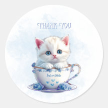 Kitten in Cup Blue Flowers Sticker