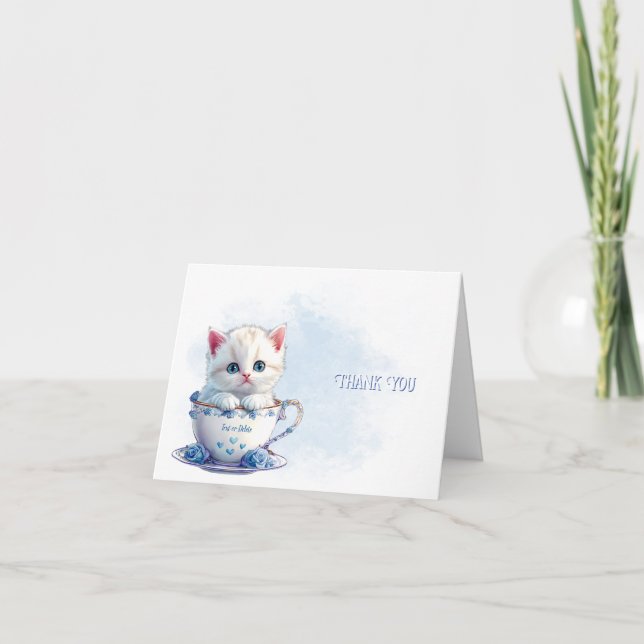 Kitten in Cup Blue Flowers Thank You Card (Front)