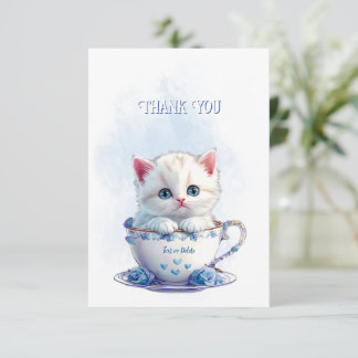 Kitten in Cup Blue Flowers Thank You Card