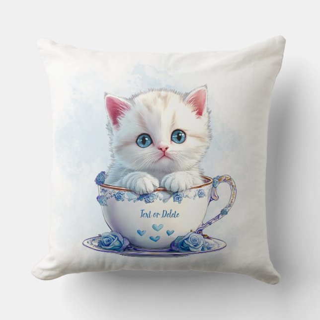 Kitten in Cup Blue Flowers Throw Pillow (Front)