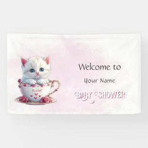Kitten in Cup Pink Flowers Baby Shower Banner