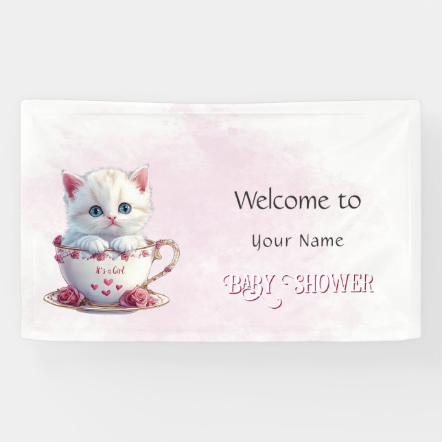 Kitten in Cup Pink Flowers Baby Shower Banner (Horizontal)