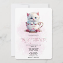 Kitten in Cup Pink Flowers Baby Shower Invitation