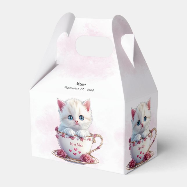 Kitten in Cup Pink Flowers Favour Box (Front Side)