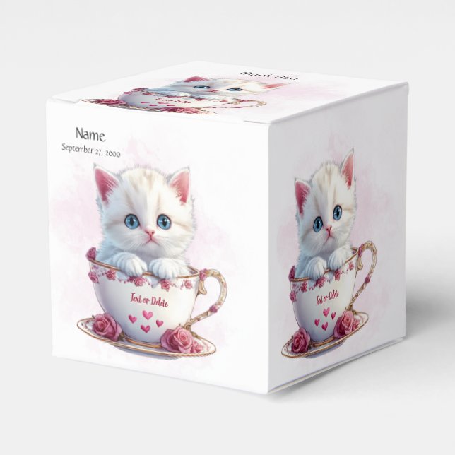 Kitten in Cup Pink Flowers Favour Box (Front Side)