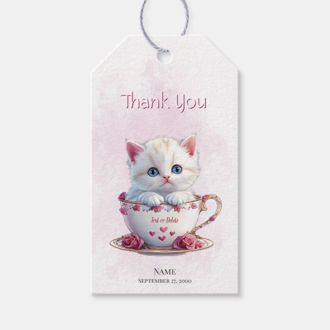 Kitten in Cup Pink Flowers Gift Tag (Front)
