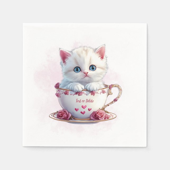 Kitten in Cup Pink Flowers Napkins (Front)