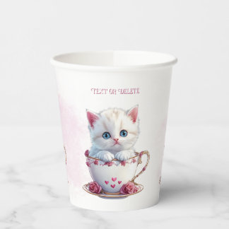 Kitten in Cup Pink Flowers Paper Cups
