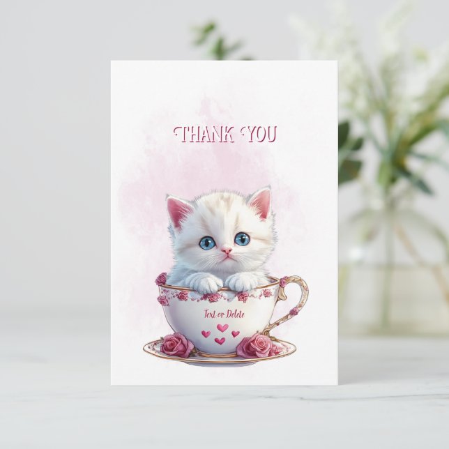 Kitten in Cup Pink Flowers Thank You Card (Standing Front)