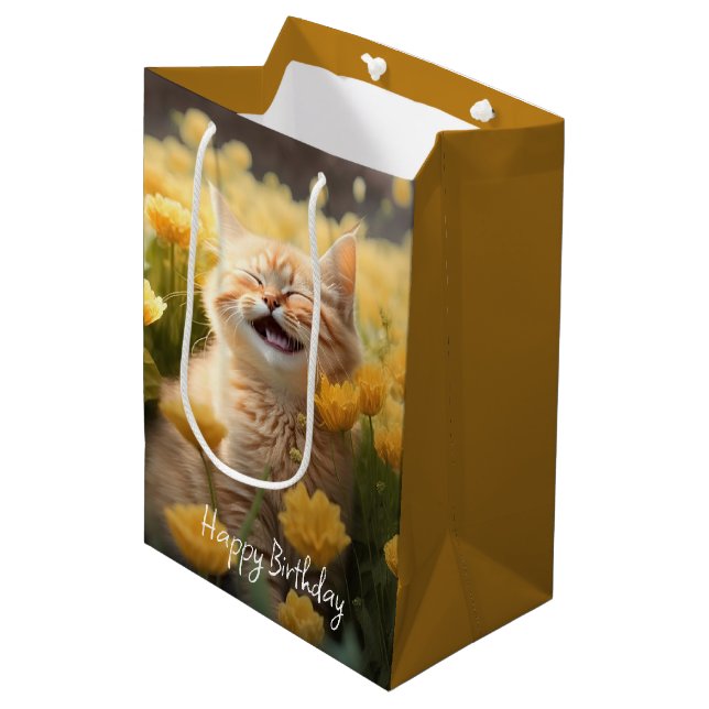 Kitten In Flowers Birthday Medium Gift Bag (Front Angled)