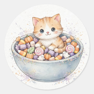 Kitten in Halloween Candy Bowl Classic Round Sticker