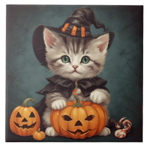 Kitten in Halloween Costume and Jack-O'-Lantern Tile
