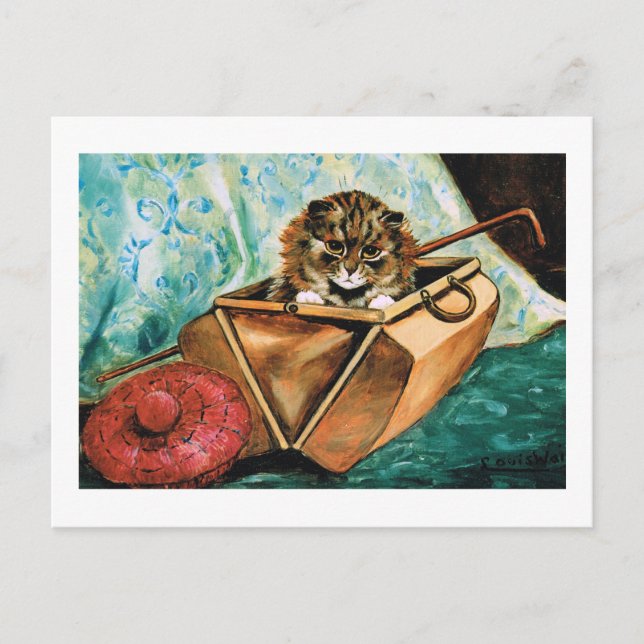 Kitten in Leather Bag, Louis Wain Postcard (Front)