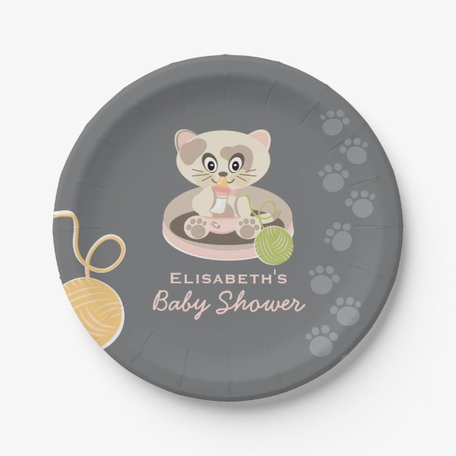 Kitten in Pink Diapers Baby Shower Paper Plate (Front)