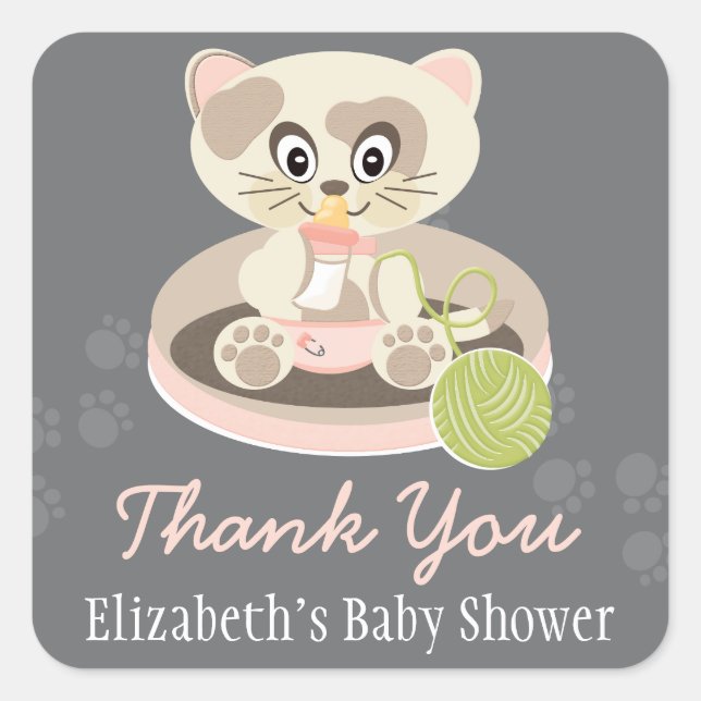 Kitten in Pink Diapers Cat Baby Shower Thank You Square Sticker (Front)