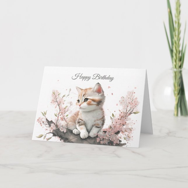 Kitten in Pink Flowers Birthday Card (Front)