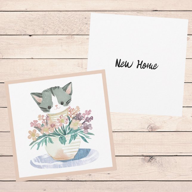 Kitten In Pot Of Flowers Welcome To Your New Home Card (Front And Back)