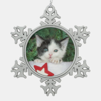 Kitten in red Santa Claus Boot Stocking Snowflake Pewter Christmas Ornament