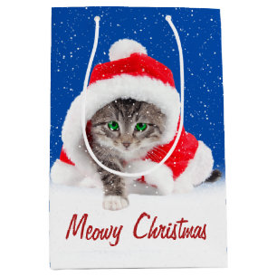 Kitten In Santa Hat and Snowflakes  Medium Gift Bag