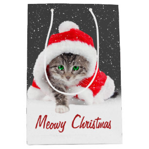 Kitten In Santa Hat and Snowflakes Medium Gift Bag