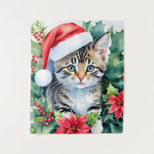 Kitten In Santa Hat Christmas Art Tapestry