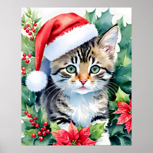 Kitten In Santa Hat Christmas Watercolor Art Poster