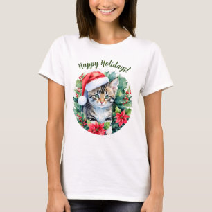 Kitten In Santa Hat Happy Holidays Christmas Art T-Shirt