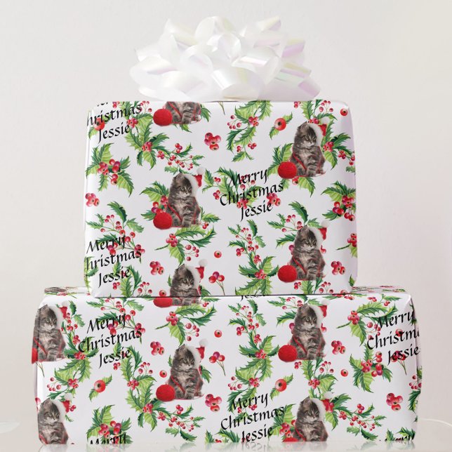Kitten in Santa Hat Personalise Name Christmas Wrapping Paper (Creator Uploaded)