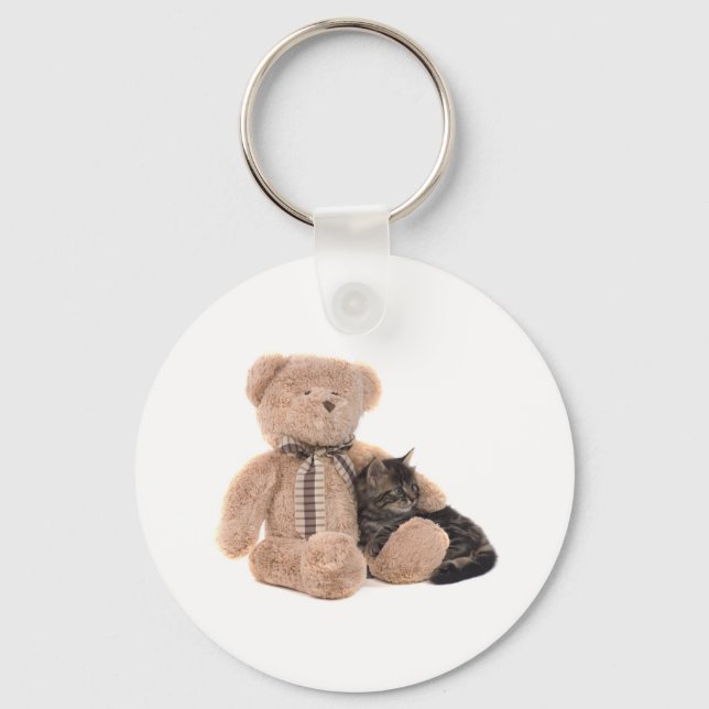 kitten in the arms of a teddy bear key ring (Front)