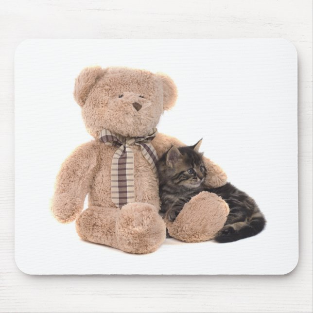 kitten in the arms of a teddy bear mouse mat (Front)