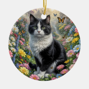 Kitten in the flower garden ceramic tree decoration