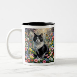 Kitten in the flower garden Two-Tone coffee mug