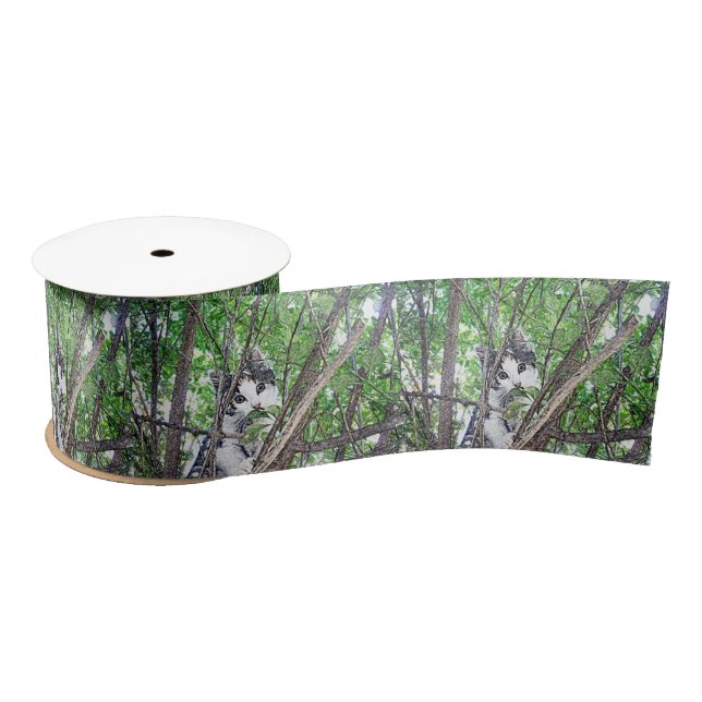 Kitten In Tree Pencil Drawing, Satin Ribbon (Spool)