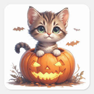 Kitten  Inside Pumpkin Halloween 🎃 Square Sticker