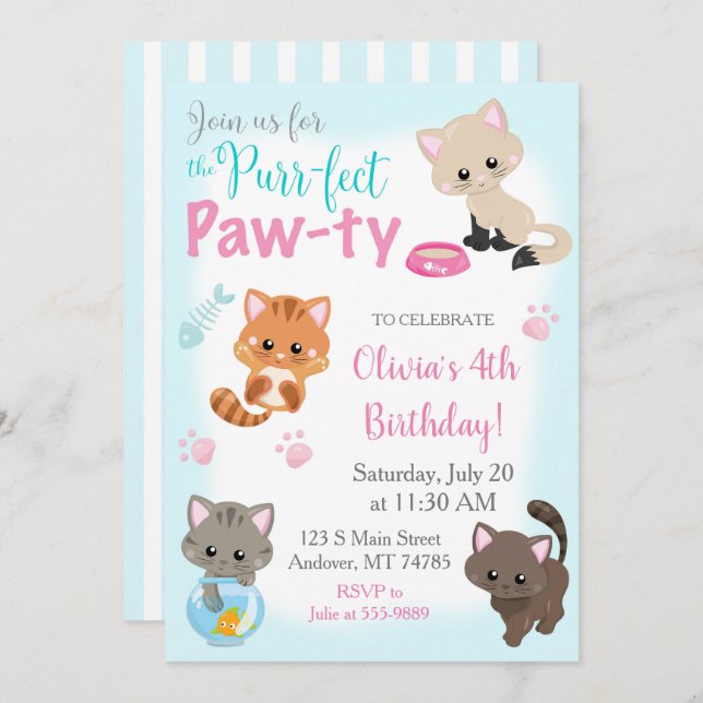 Kitten Invitation for Girl Birthday Paw-ty (Front/Back)