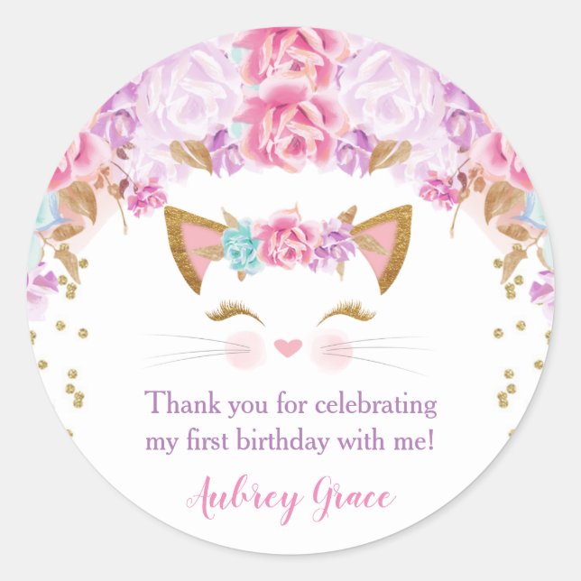 Kitten kitty cat floral pink purple teal classic round sticker (Front)