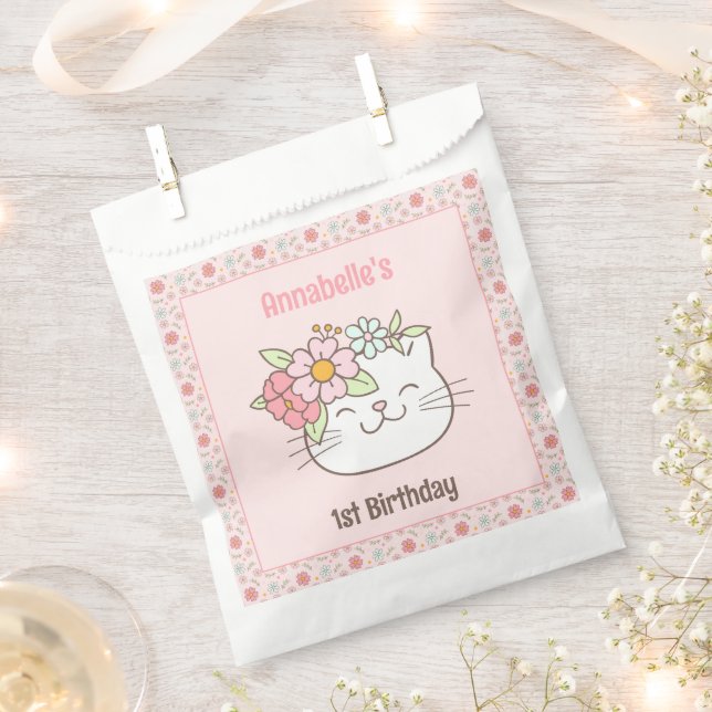 Kitten Kitty Cat Pink Girl 1st Birthday Favour Bags (Clipped)