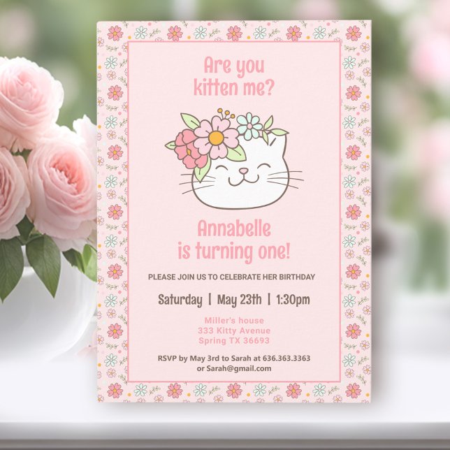 Kitten Kitty Cat Pink Girl 1st Birthday Invitation (Kitten Kitty Cat Pink Girl 1st Birthday Invitation)