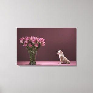 Kitten looking at vase of roses canvas print