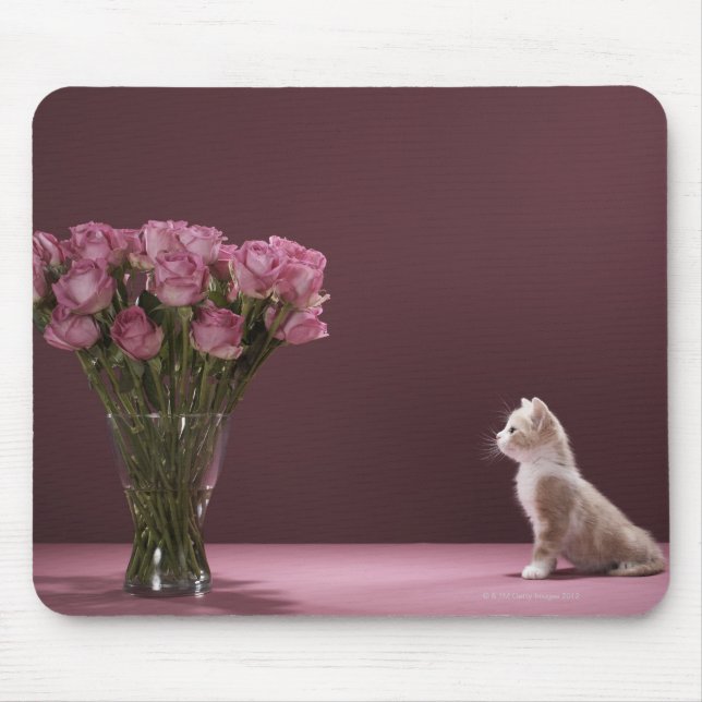 Kitten looking at vase of roses mouse mat (Front)
