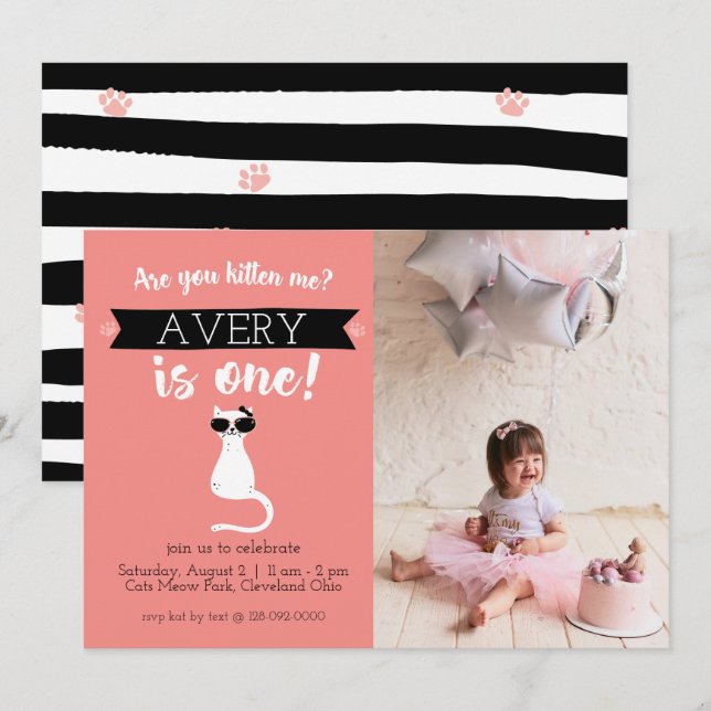 Kitten Me First Birthday Photo Invitation (Front/Back)