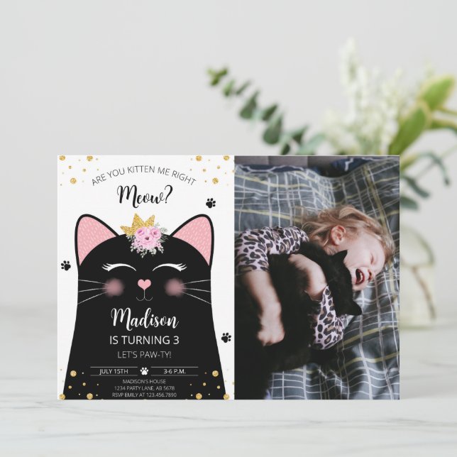Kitten Meow Birthday Black Photo Invitation (Standing Front)