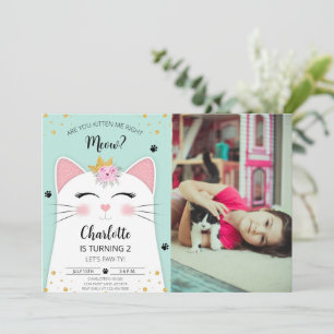 Kitten Meow Birthday Green Photo Invitation