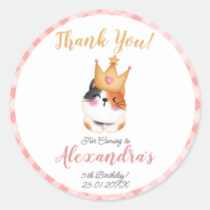Kitten Meow Pink Crown Girl Kitty Cat Birthday Classic Round Sticker