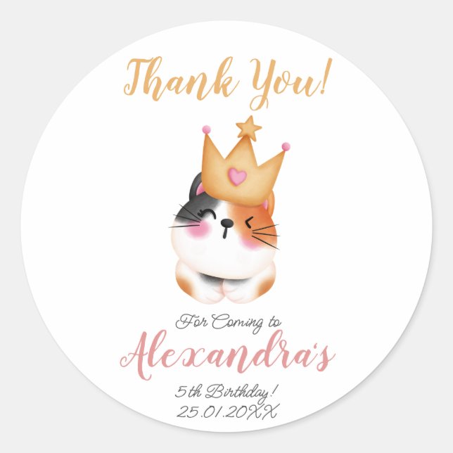 Kitten Meow Pink Crown Girl Kitty Cat Birthday Classic Round Sticker (Front)
