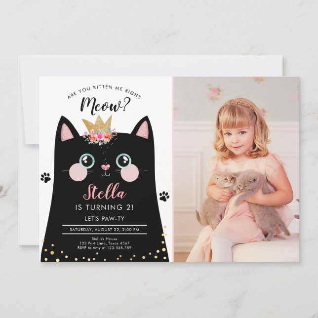 Kitten Meow Pink Crown Girl Kitty Cat Birthday Invitation (Front)