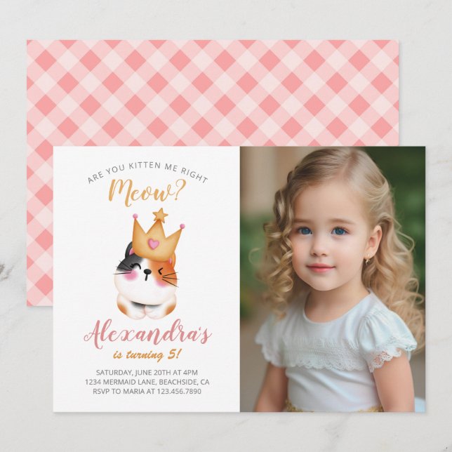 Kitten Meow Pink Crown Girl Kitty Cat Birthday Invitation (Front/Back)
