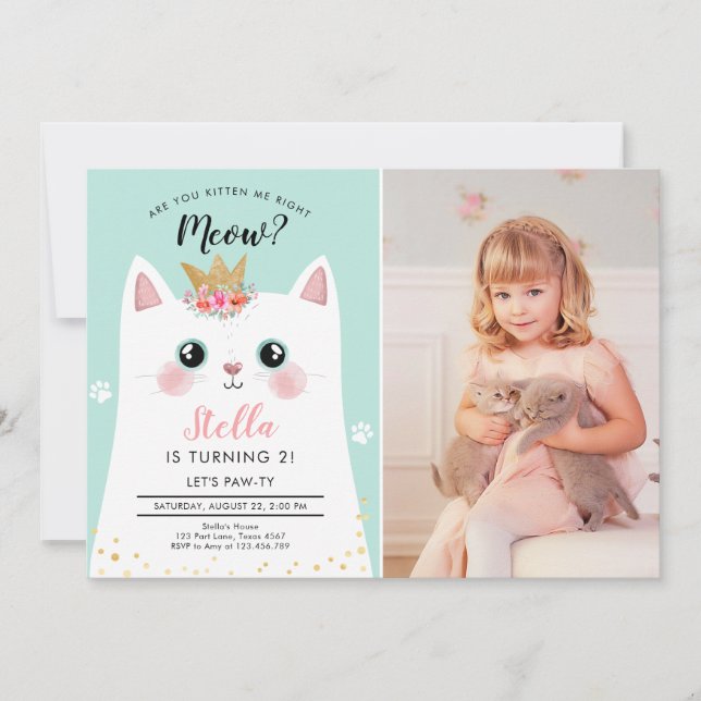 Kitten Meow Pink Crown Girl Kitty Cat Birthday Invitation (Front)