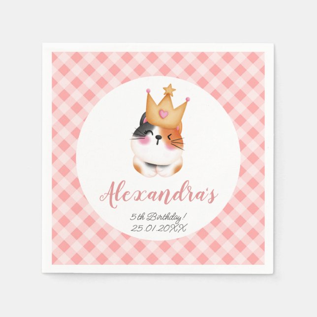 Kitten Meow Pink Crown Girl Kitty Cat Birthday Napkin (Front)