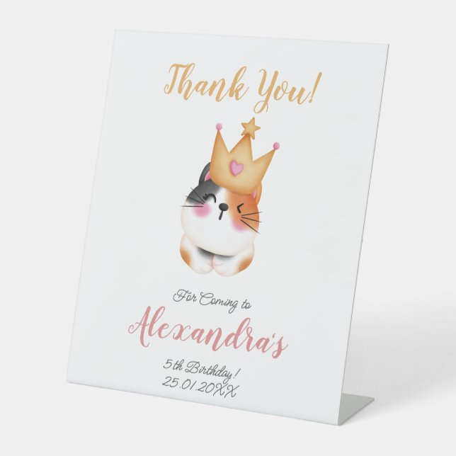 Kitten Meow Pink Crown Girl Kitty Cat Birthday Pedestal Sign (Front)